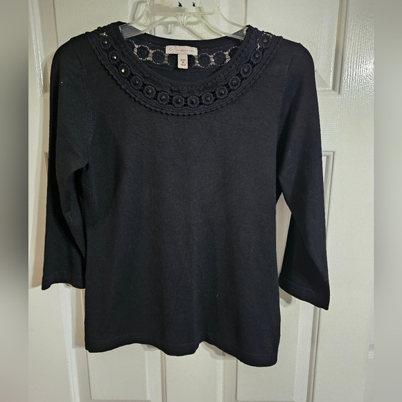 C. J. Banks Petite M Black 3/4 Sleeve Sweater Crochet Lace Neck Classic Work Y2K - Picture 2 of 7